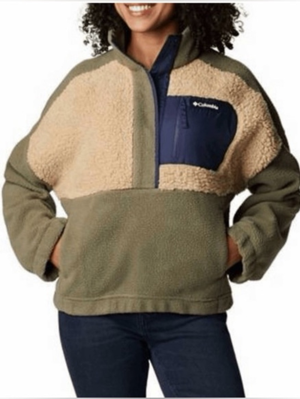NWT Columbia Women’s Sherpa Fleece Pullover Jacket Green Cream Navy XXL